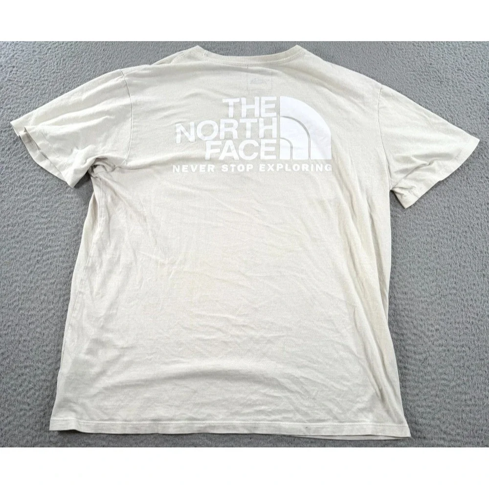 The North Face Never Stop Exploring Shirt Men's Large Beige Logo Short Sleeve